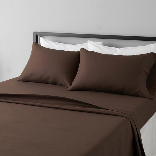 Amazon Basics Lightweight Super Soft Easy Care Microfiber 4 Piece Bed Sheet Set With 14-inch Deep Pockets, King, Chocolate, Solid