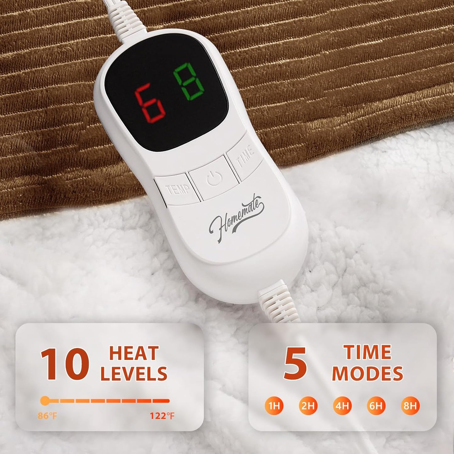 Homemate Electric Blanket Full Size- 72"x84" Heated Blanket Full Size 1/2/4/6/8 Hours Auto-Off 10 Heat Levels Over-Heat Protection Soft Flannel Sherpa Full Size ETL Certification