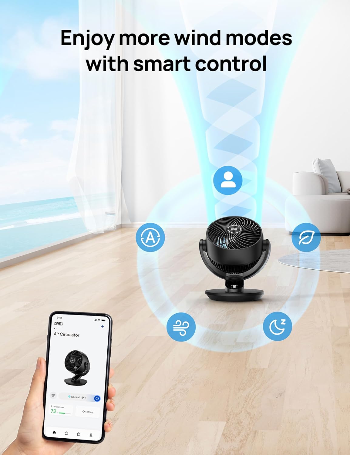Dreo Smart Fan for Bedroom,120° Vertical and 90° Oscillating Fan with Remote/Voice, 13 Inch Height Quiet Air Circulator for Whole Room, 70 ft, 4 Speeds, 5 Modes, 12H Timer, Desk Fans for Home，Black