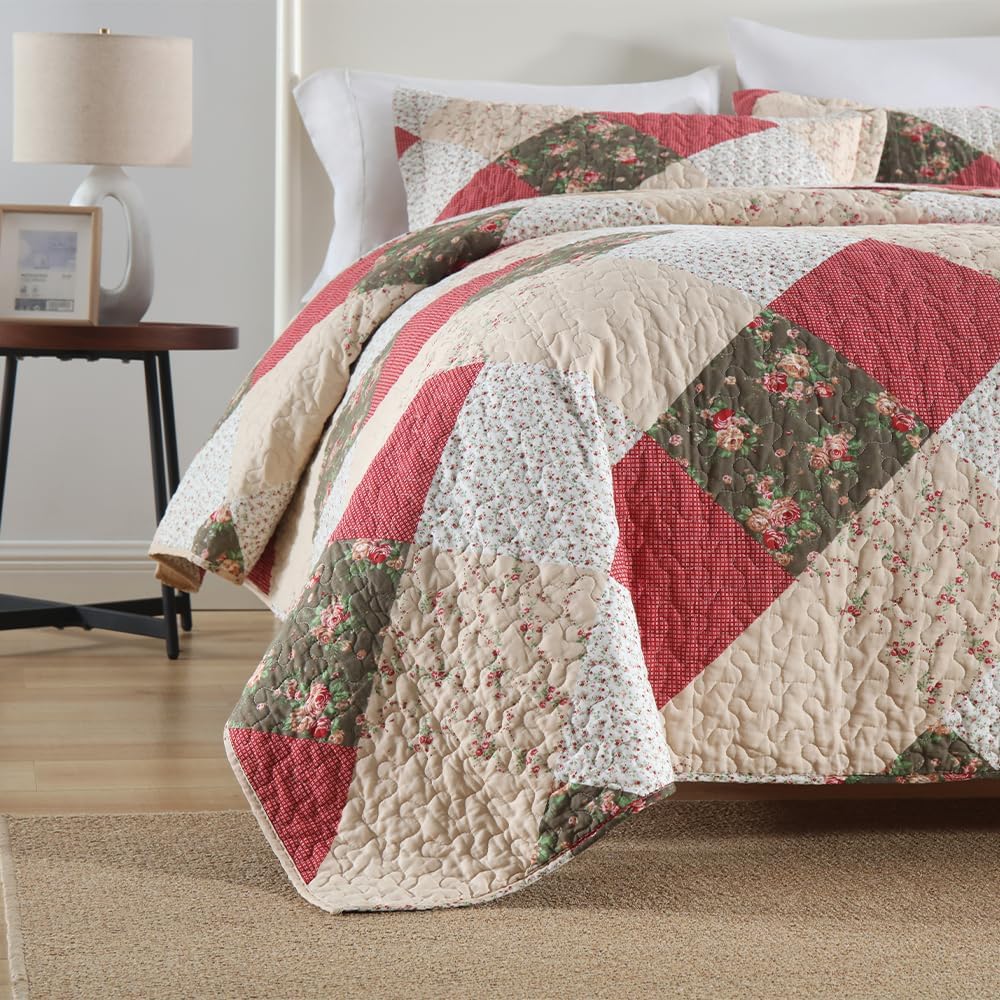ENASAL Cotton Bedspread Quilt Bedding Sets Reversible Coverlet Sets Comforters Rose Floral Purple White Patchwork Pattern Bedspread for All Season, Queen Size