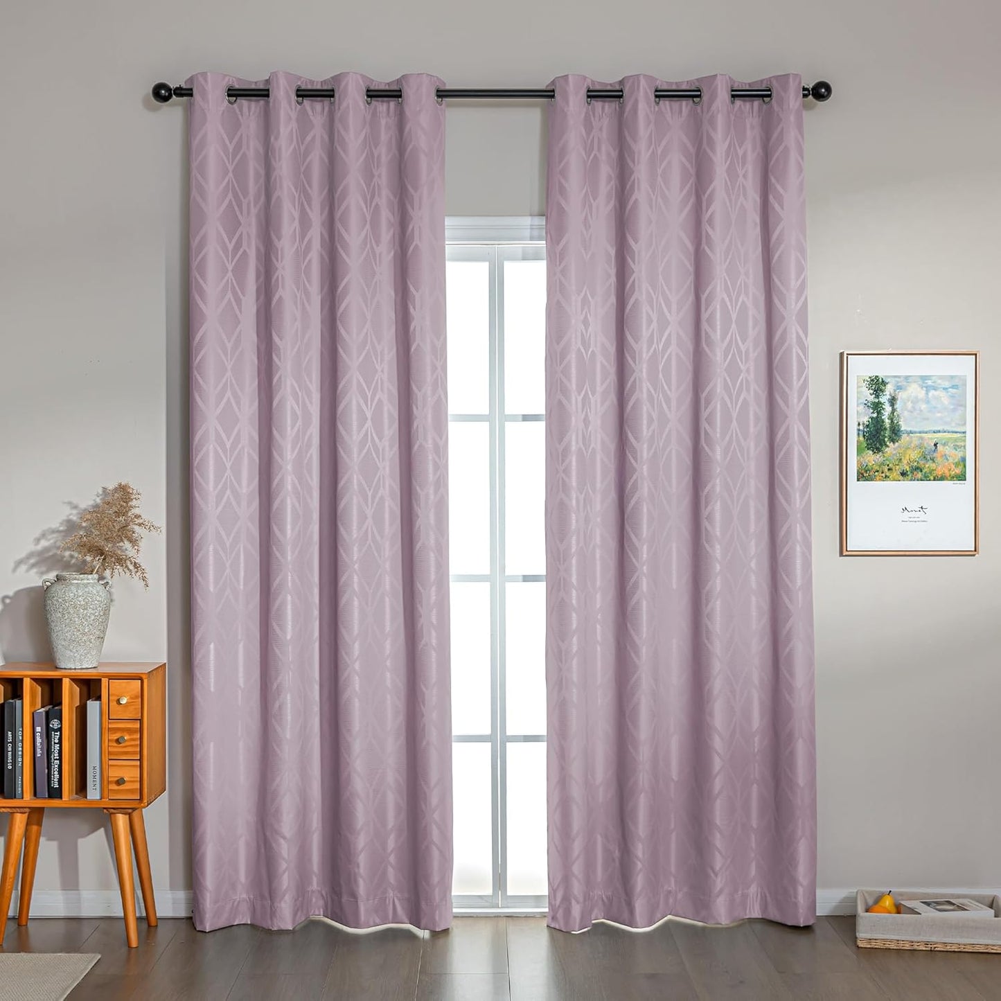 Amazon Basics Jacquard 2-Piece 100% Blackout Curtains, Living Room and Bedroom Drapes, Thermal Insulated Window Treatment, 52"x95", Pink