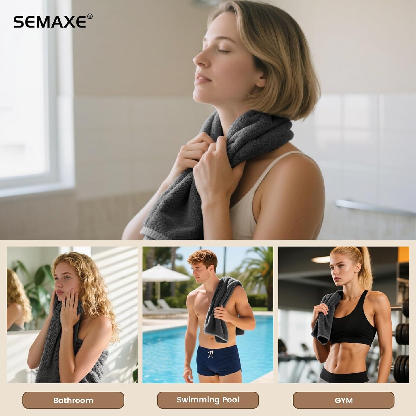 SEMAXE Hand Towels for Bathroom, 100% Cotton Towels with Hanging Loops, Soft and Absorbent, 4 Pack Hand Towel Set for Gym, Shower, Hotel, Spa and Kitchen, Yellow+Grey
