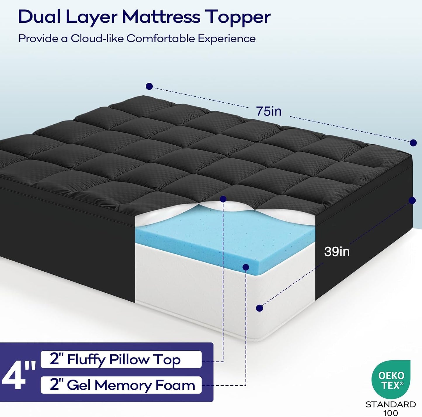 OLANLY Dual-Layer 4 Inch Twin Size Memory Foam Mattress Topper for Back Pain, 2 Inch Cooling Pillow Top Mattress Pad Cover and 2 Inch Gel Memory Foam Topper, Deep Elastic Pocket, Black