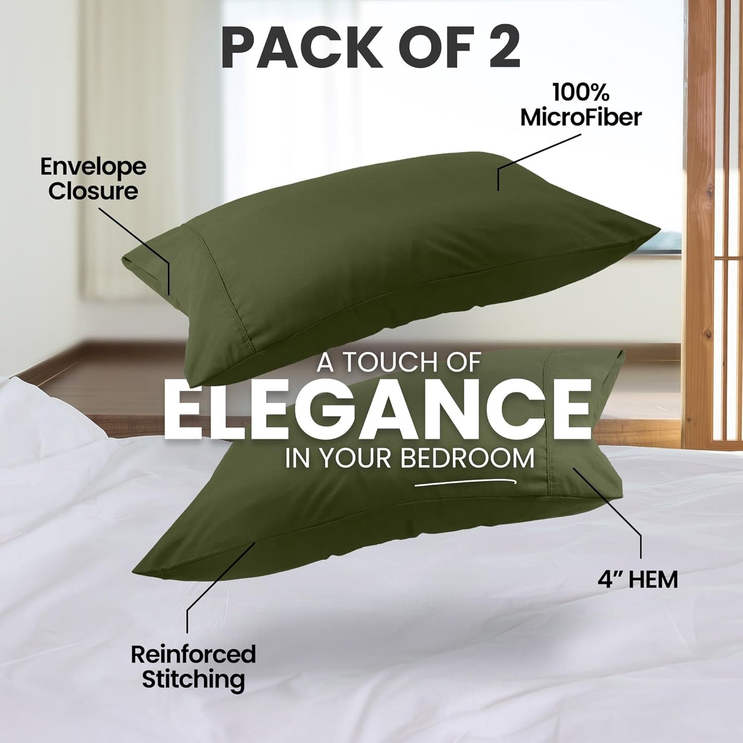 Pillow Covers by Utopia Bedding - Queen Size 2-Pack – Soft Brushed Microfiber – Perfect for Hospitals, Hotels, Guest Rooms – Oeko-TEX Certified, 20x30 Inches (Olive)