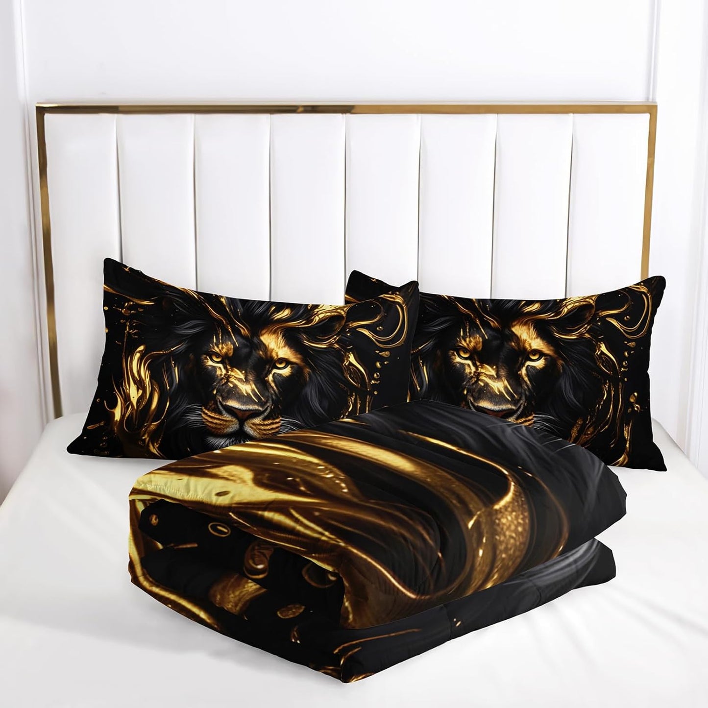 Black & Gold Full Comforter Set Lion，Animal Print Full Size Bedding，with 1 Comforter with 2 Pillow Case，Lion Themed Bedroom Decor for Boy Kids