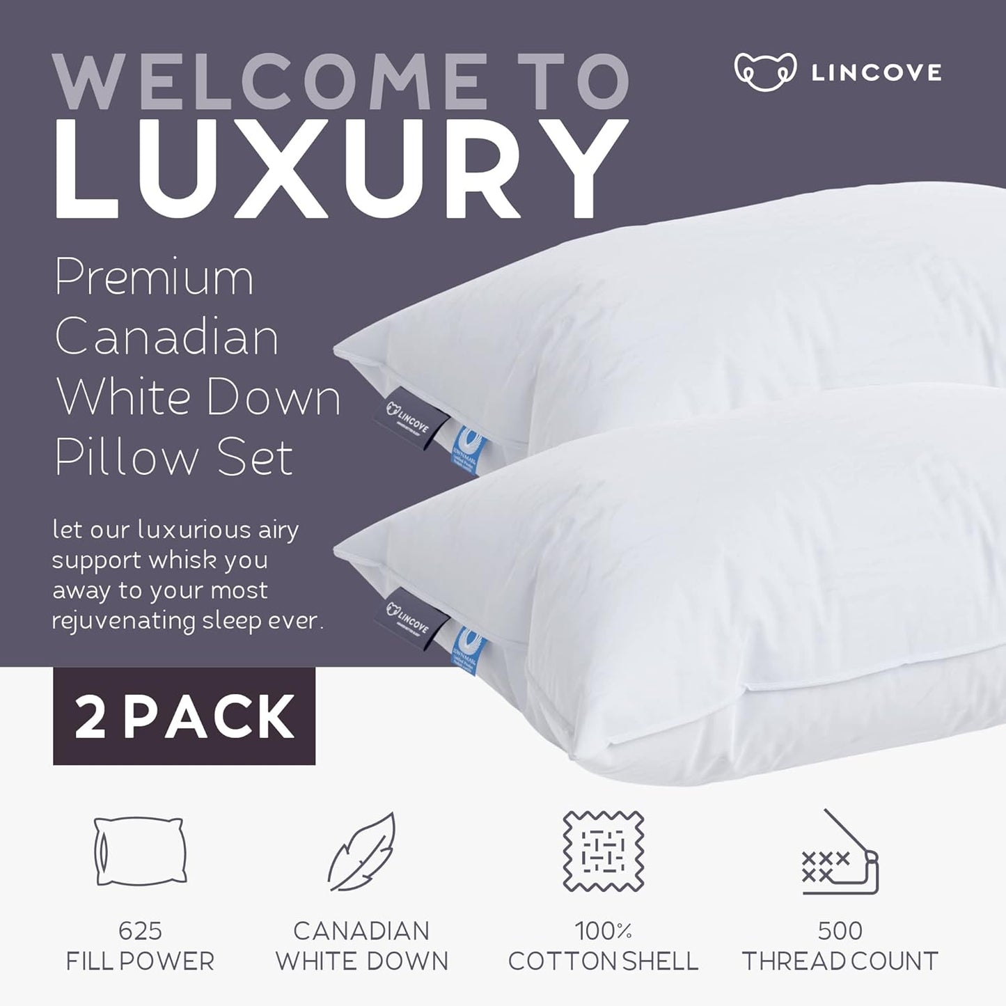 Lincove Cloud Natural Canadian Down Pillow, White Luxury Sleeping Pillow - 625 Fill Power, 500 Thread Count Cotton Shell, Made in Canada, King - Medium, 2 Pack