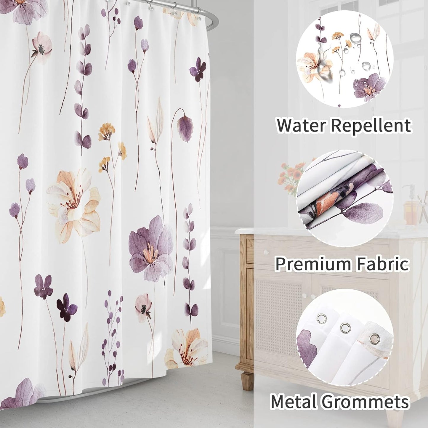 Gibelle Long Shower Curtain 72 x 78, Watercolor Floral Fabric Shower Curtain, Plum Beige Flower Decorative Bathroom Shower Curtain Set with Hooks