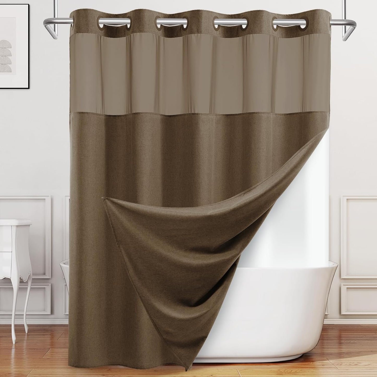 No Hook Brown Shower Curtain and Liner, Linen-Look Polyester Textured Shower Curtain with Snap in Liner, Waterproof & Washable Bath Curtains for Bathroom, 71Wx74H