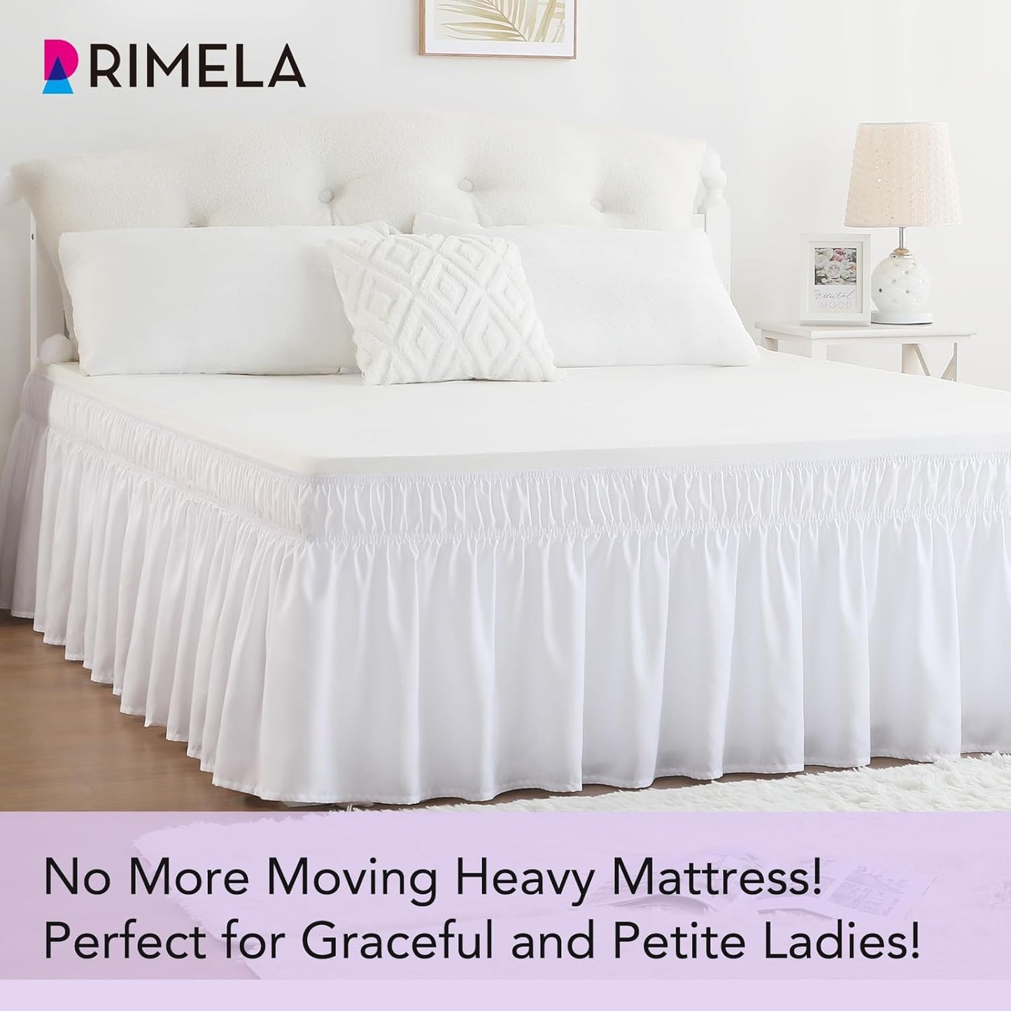 RIMELA White King Size Bed Skirt 12 Inch Drop, Elastic Bed Skirts Cal King Dust Ruffle, White Bedskirt for Adjustable Bed Base Solid Fade Resistant Silky Fabric Machine Washable Easy to Install