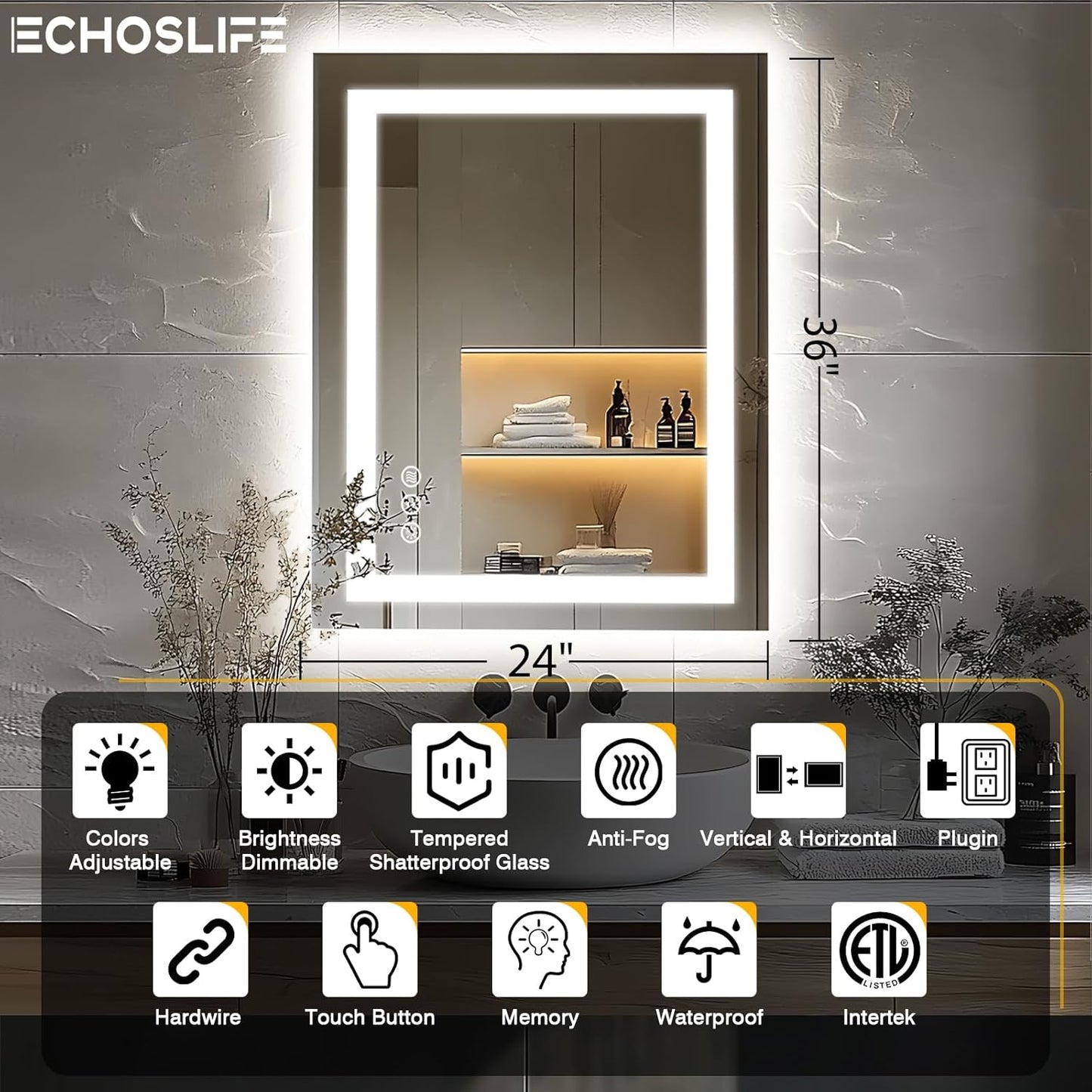 24"x36" LED Bathroom Mirrors for Wall, Front and Backlit, Anti-Fog Vanity Mirror with Lights, Stepless Dimmable Lighted, 3 Colors Smart Mirror (Horizontal/Vertical)