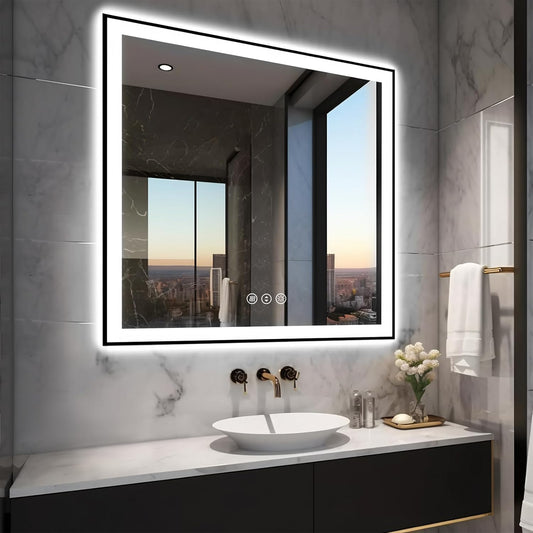 36x36 Square LED Bathroom Mirror - Black Aluminum Framed (Front and Backlit), Anti-Fog Vanity Mirror with Lights, Stepless Dimmable Lighted Mirror,3 Colors Smart Mirror(Horizontal/Vertical)