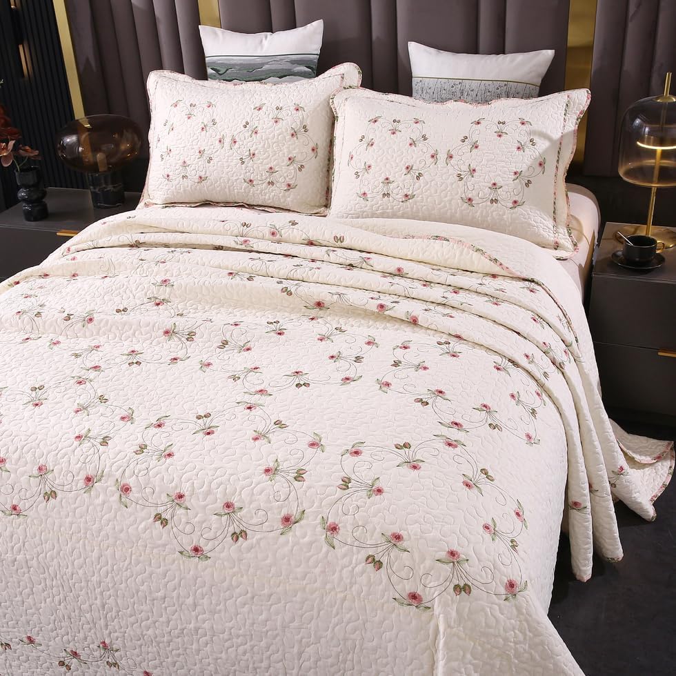 Quilt Set Floral Leaves 3D Embroidery Pattern 2 PCS Cotton Reversible Quilted Embroidered Decorative Bedspreads Coverlet Set, Lightweight &Soft Queen Size Beige Bedding Coverlet for All Season