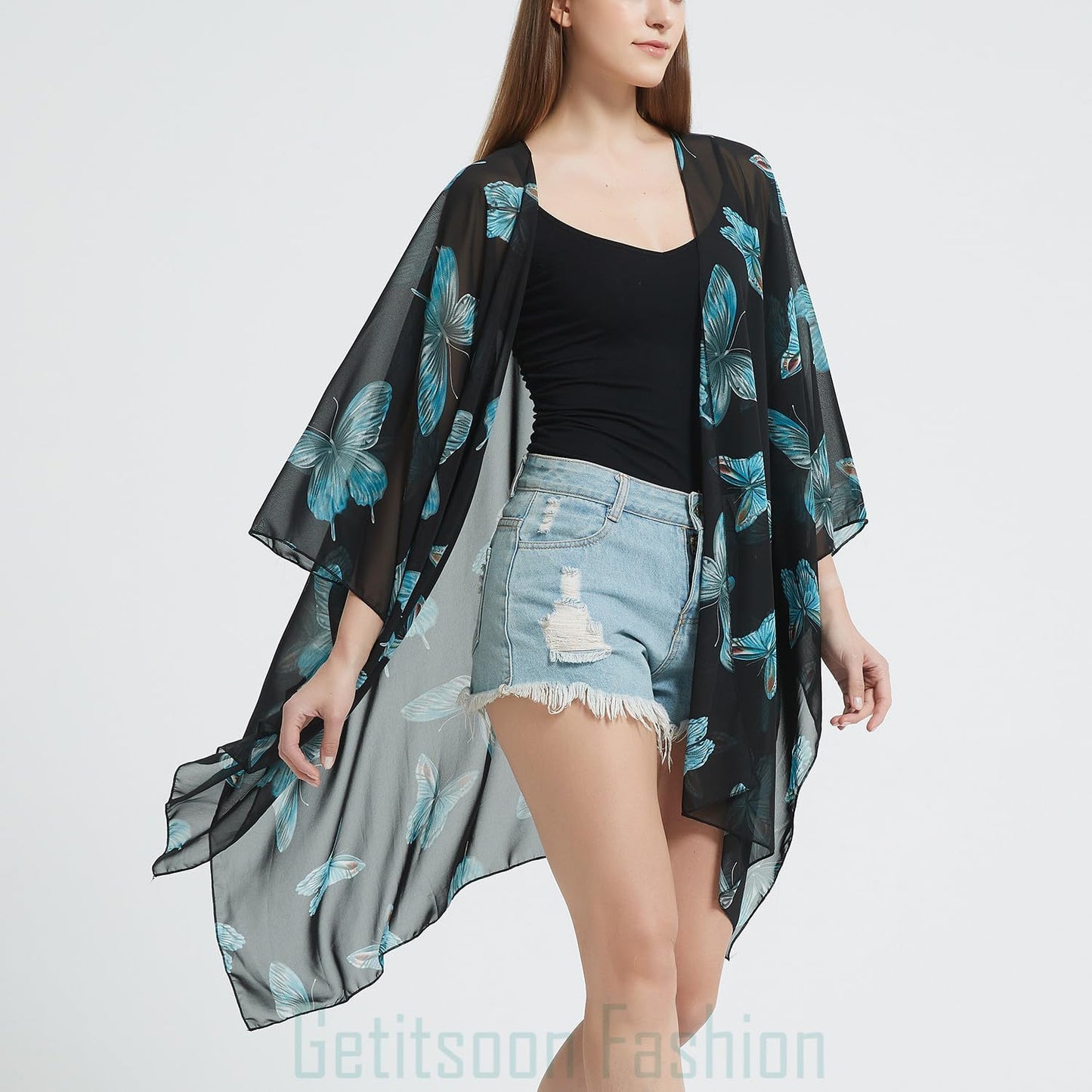 Women's Bohemian Floral Chiffon Beach Cover up Swimsuit Kimono Summer Swimwear Cardigans