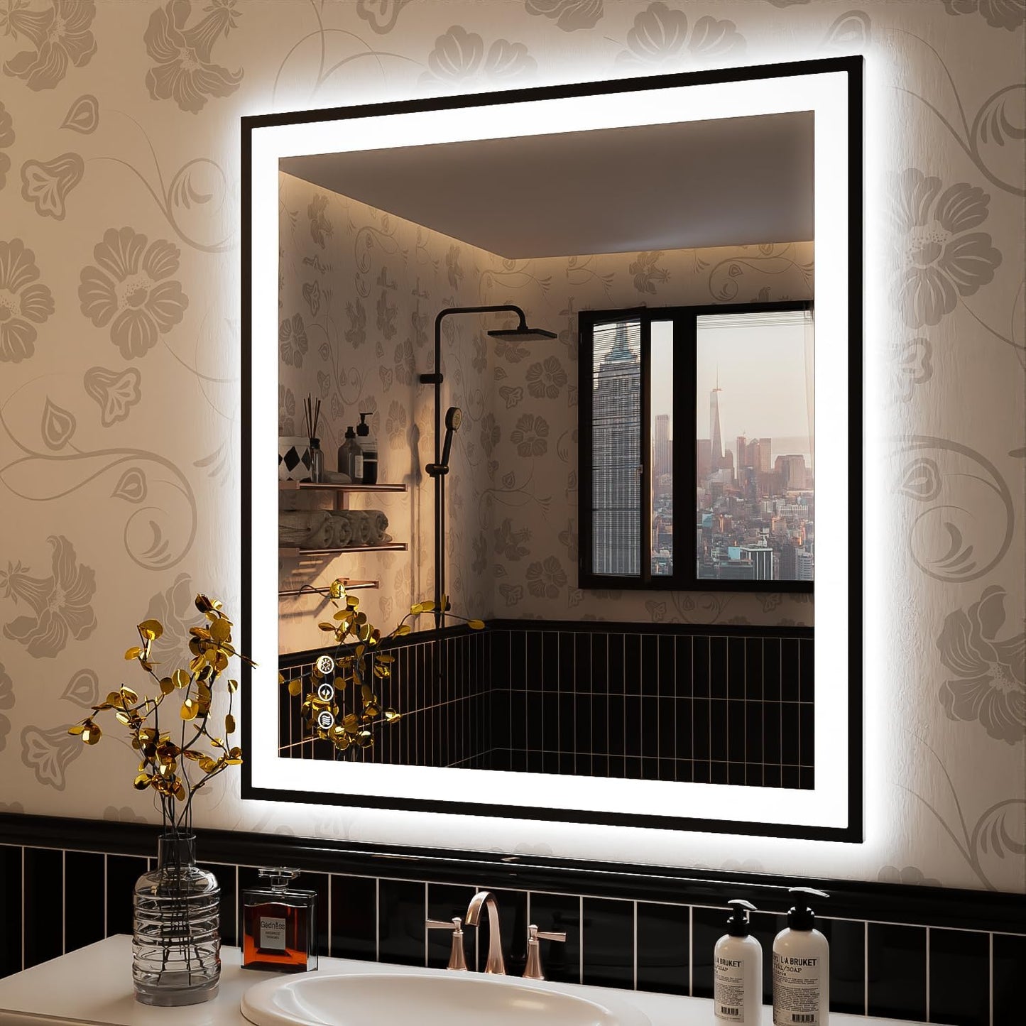 ISKM Framed LED Mirror for Bathroom 36"x32", Dimmable LED Bathroom Mirror with Lights, Anti-Fog, Front and Backlit Lighted Mirror 3-Colors, Shatterproof, Memory Function
