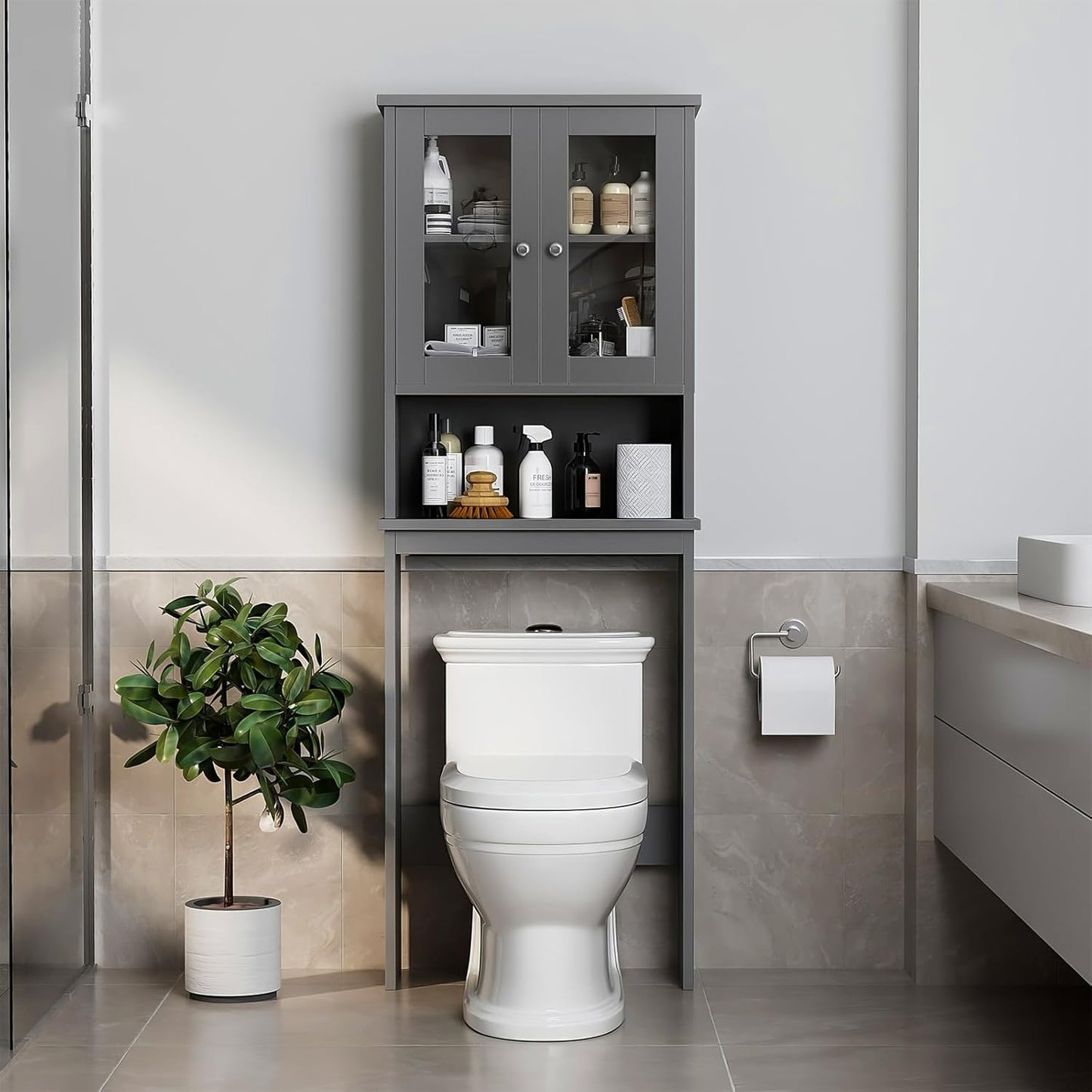 Meilocar Over The Toilet Storage Cabinet, Bathroom Storage Organizer Over Toilet with Glass Doors, Over Toilet Cabinet for Bathroom Freestanding Space Saver, Grey