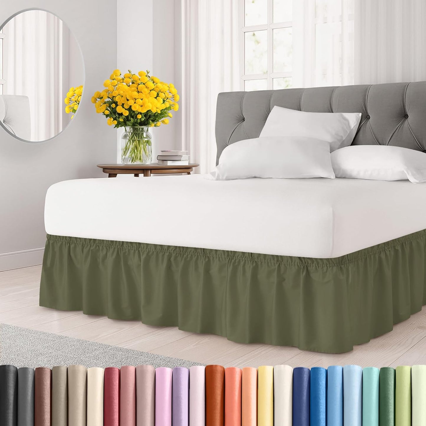 Wrap Around Dust Ruffle Bed Skirt - Sage Green - for Full Size Beds with 12 Inch Drop - Elastic Strap - Adjustable Pleated Bedskirt with Brushed Fabric and Wrinkle Free - for Women, Men, Kids & Teens