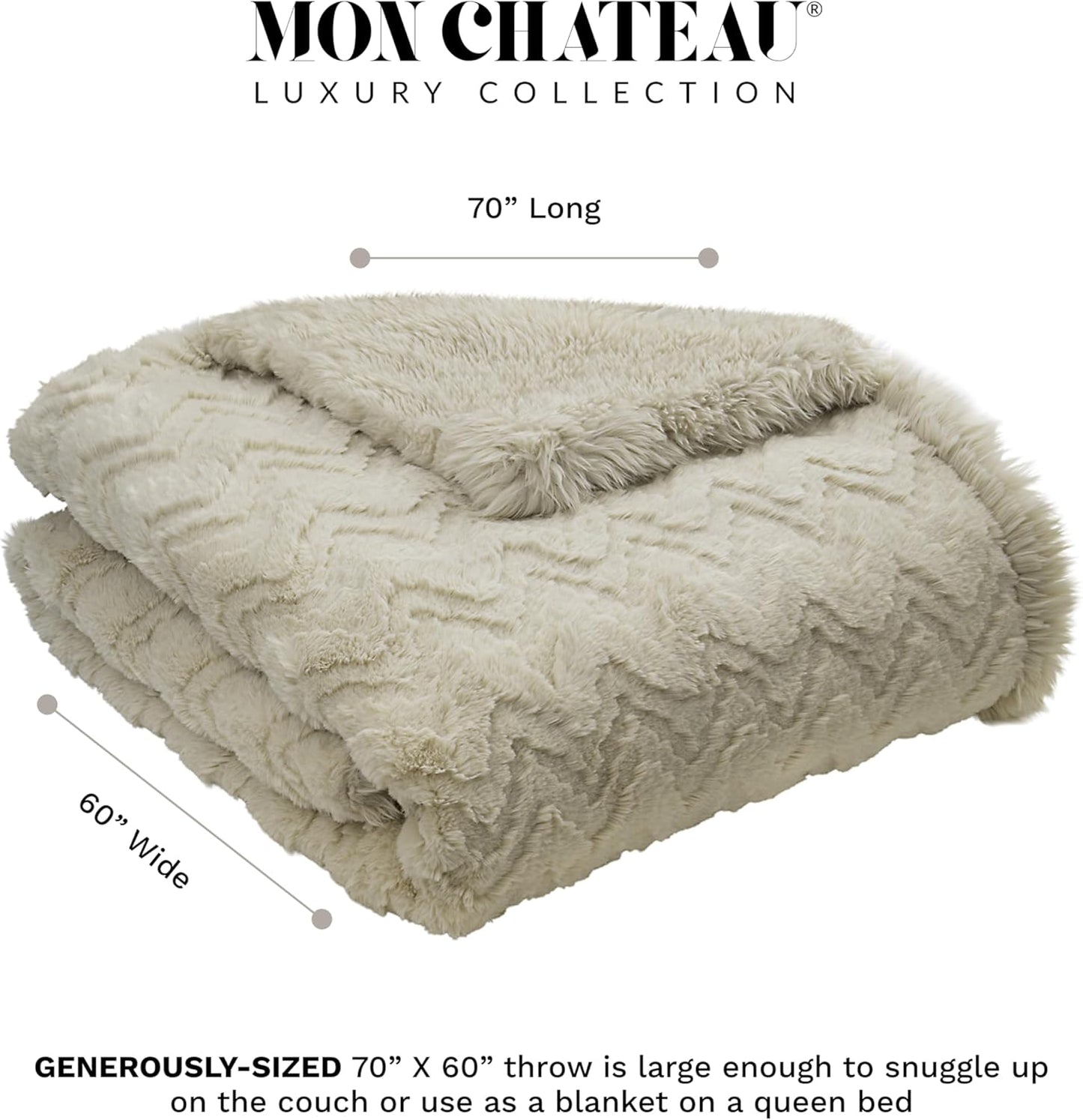 Mon Chateau 60" x 70" Crest Faux Fur Throw, Plush Luxury Blanket for Couch, Sofa, or Bed, Soft Reversible Throw Blanket for Sleeping, Home & Room Decor, Sandstone Jacquard