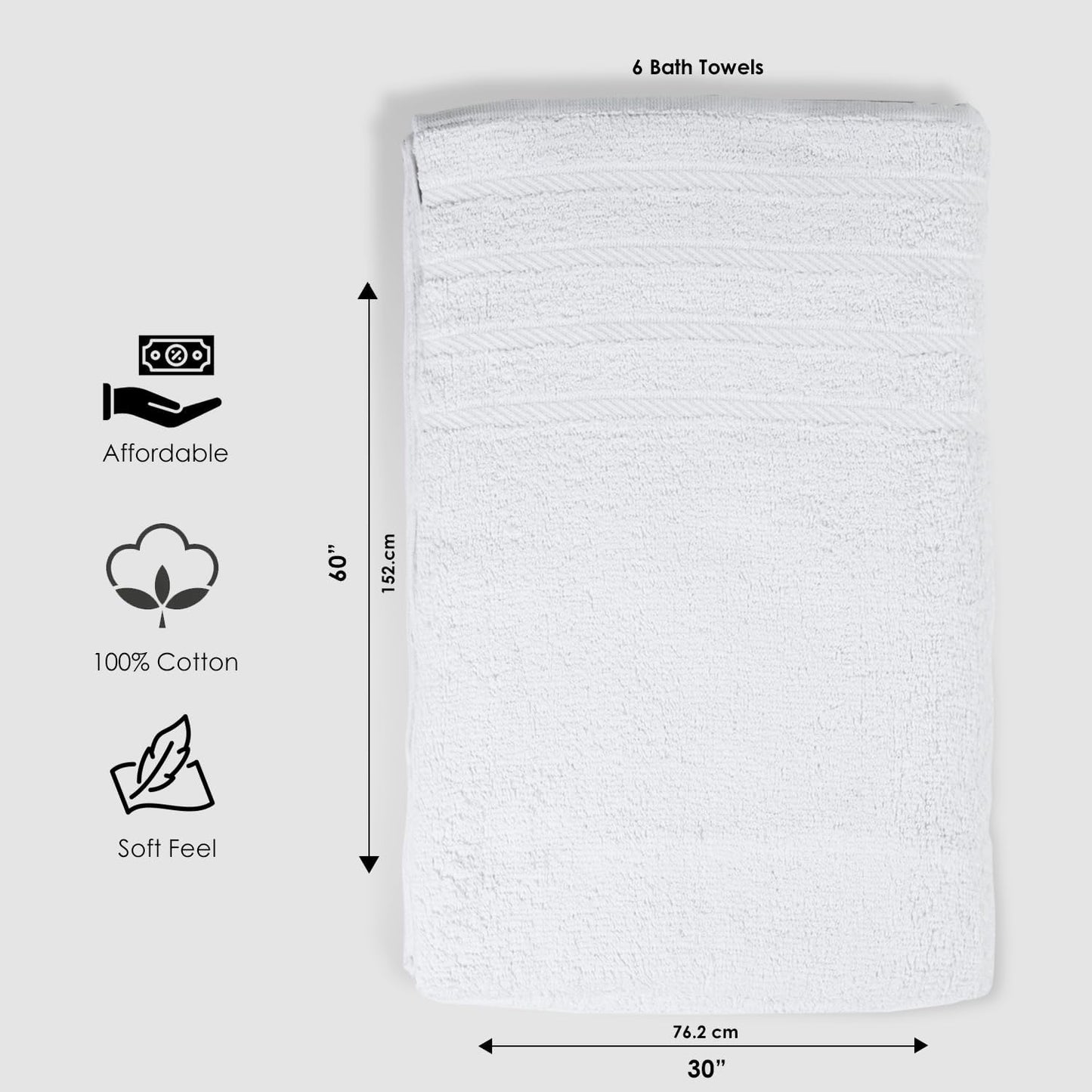 TOALLA_ Bath Towels_30x60_Pk 6_White Bath Towels (6-Pack, 30W X 60 L Inches) White Color- Cotton Towel for Gym, Bath, Spa, Shaving, Shampoo, for Daily use, Large