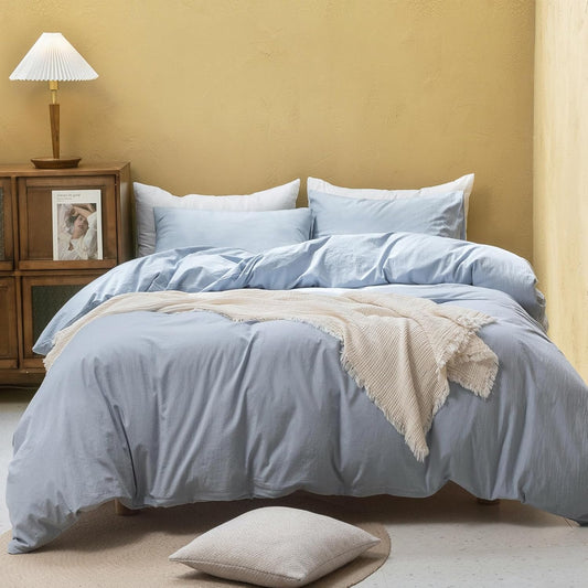 FOSSA Duvet Cover Set 100% Washed Cotton Linen Feel Super Soft Breathable Cozy Simple Style 3 Pieces Bedding Sets Solid Cornflower Blue Twin XL