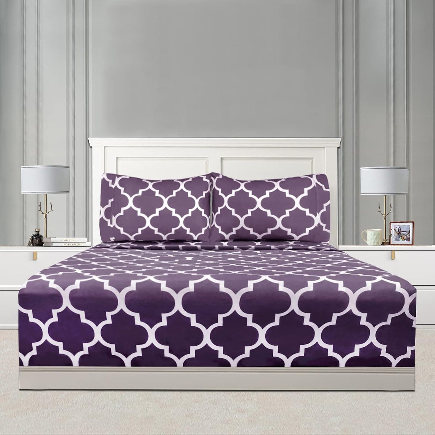 Mejoroom Queen Bed Sheet Set - Super Soft Brushed Microfiber 1800 Thread Count Queen Sheets with 16 inch Deep Pocket - Wrinkle Free - 4 Piece(Queen, Purple Quatrefoil with White Pattern)