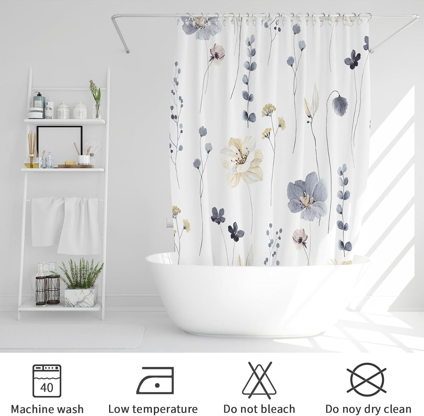 Gibelle Watercolor Floral Shower Curtain, Grey Beige Flower Shower Curtain for Bathroom, Modern Minimalist White Waterproof Fabric with Hooks 72x72 Inch