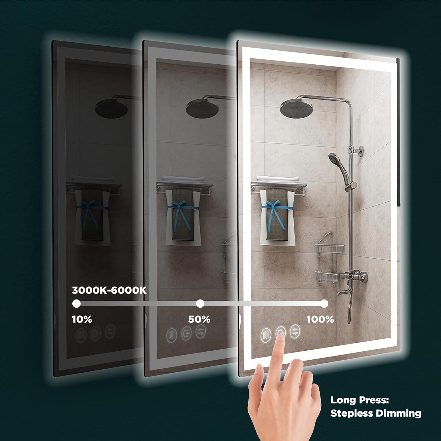 LED Bathroom Mirror 24"x 32" with Stepless Dimmable Wall Mirrors with Anti-Fog, Dimmable CRI>90, Vanity Mirror with 3 Color Modes, Shatter-Proof, Memory Bathroom Mirror with LED Lights