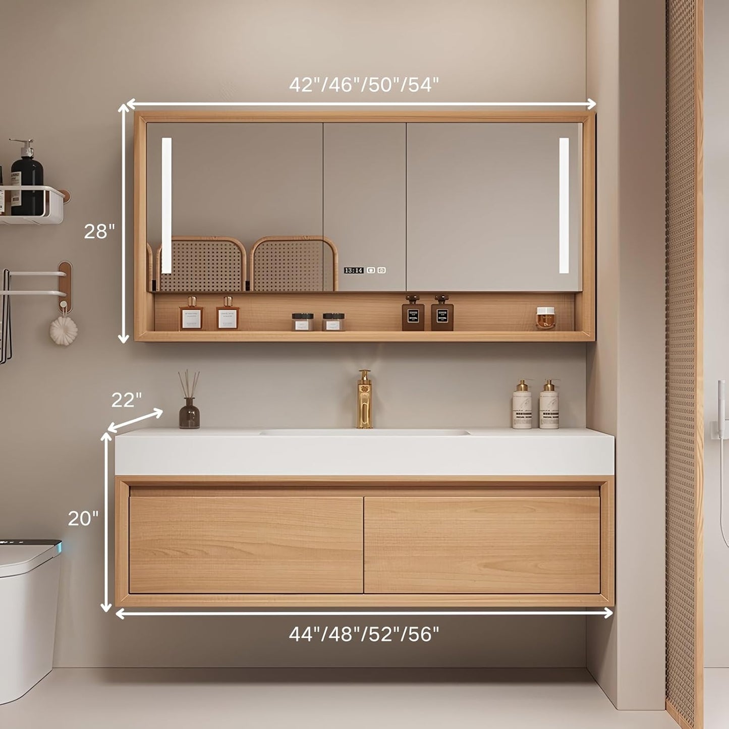 Single Sink Bathroom Vanity, 56Inch Modern Bathroom Vanity Set Includes LED Smart Defogging Mirror Cabinet and Open Shelf, Floating Vanities with One Piece Sink and Drawers Storage(Original Wood )