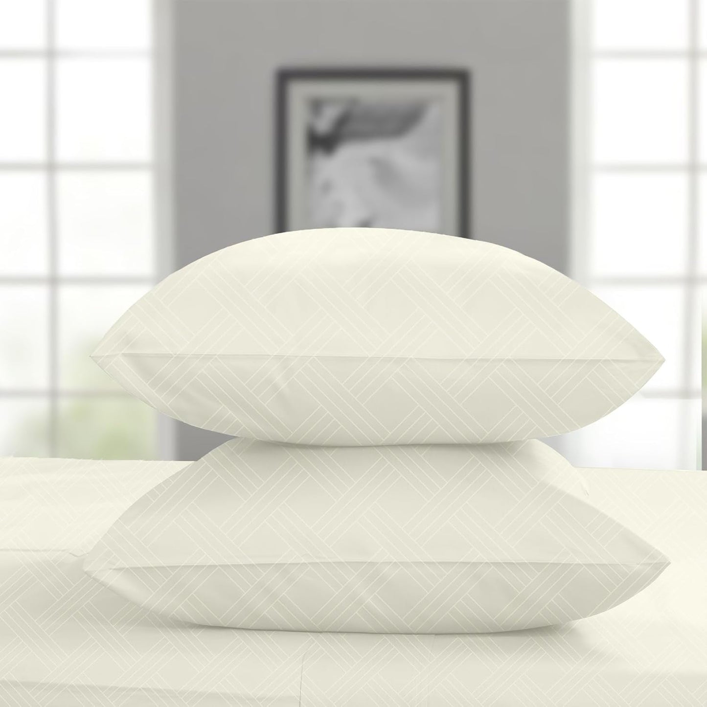 Threadmill Luxury 100% Cotton Queen Bed-Sheets - 800 Thread Count Jacquard Celine Ivory, Better Than Egyptian Cotton,4 Pc Striped Bed Set, Damask Sheets with Elasticized Deep Pocket