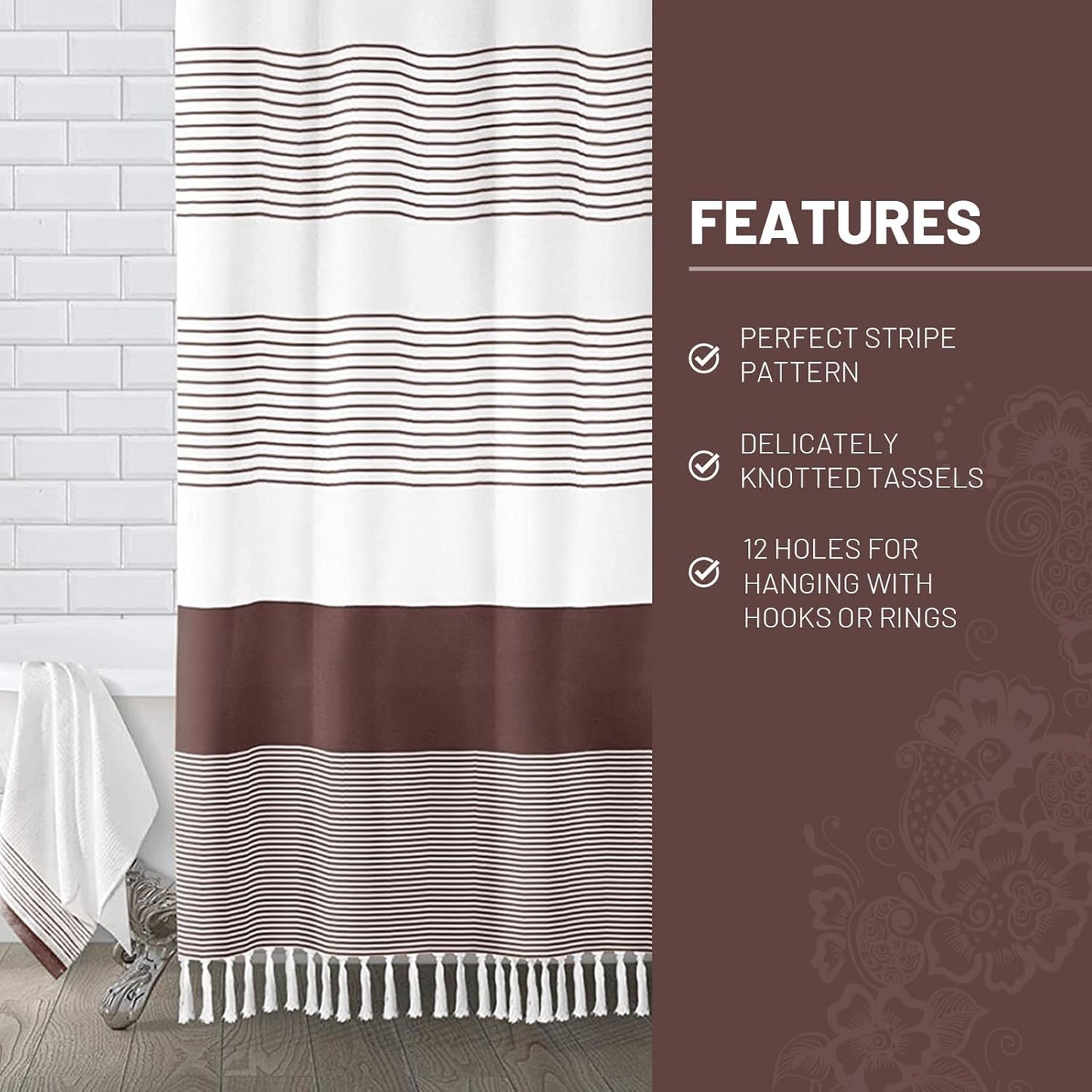 Awellife Boho Dark Brown Shower Curtain for Bathroom Stripe Tassel Shower Curtain 72 X 72 Inches Farmhouse Cotton