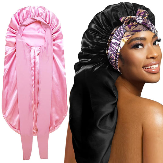 2Pcs Bonnets for Black Women Braid Bonnet, Large Long Satin Silk Bonnet for Braids,Black Women Braid Bonnet with Stretchy Tie Band for Sleeping Extra Long (Pink &Black Dark Pattern
