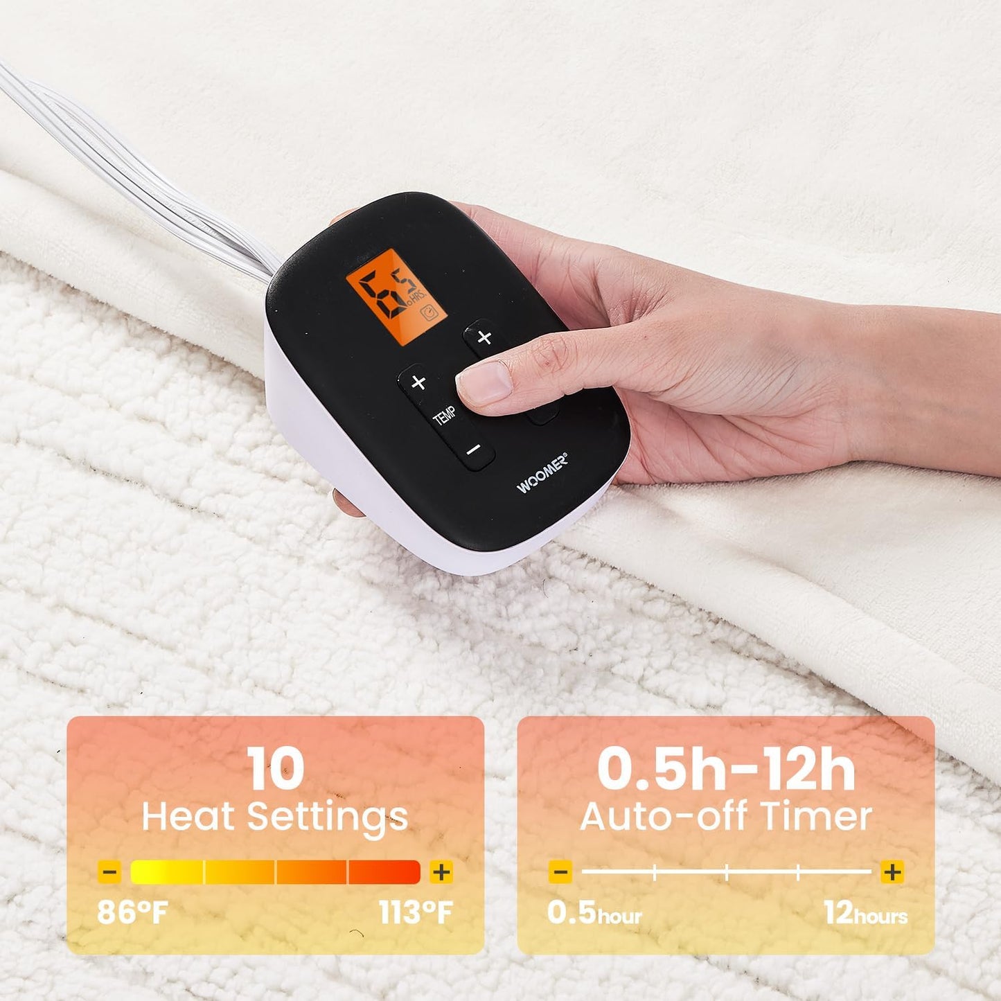 WOOMER Electric Blanket Twin Size,Durable Flannel and Soft Sherpa,Dual Control,62”×84” Heated Throw Blanket, 10 Heat Levels&0.5-12h auto-Off,Energy Efficient,ETL Certified