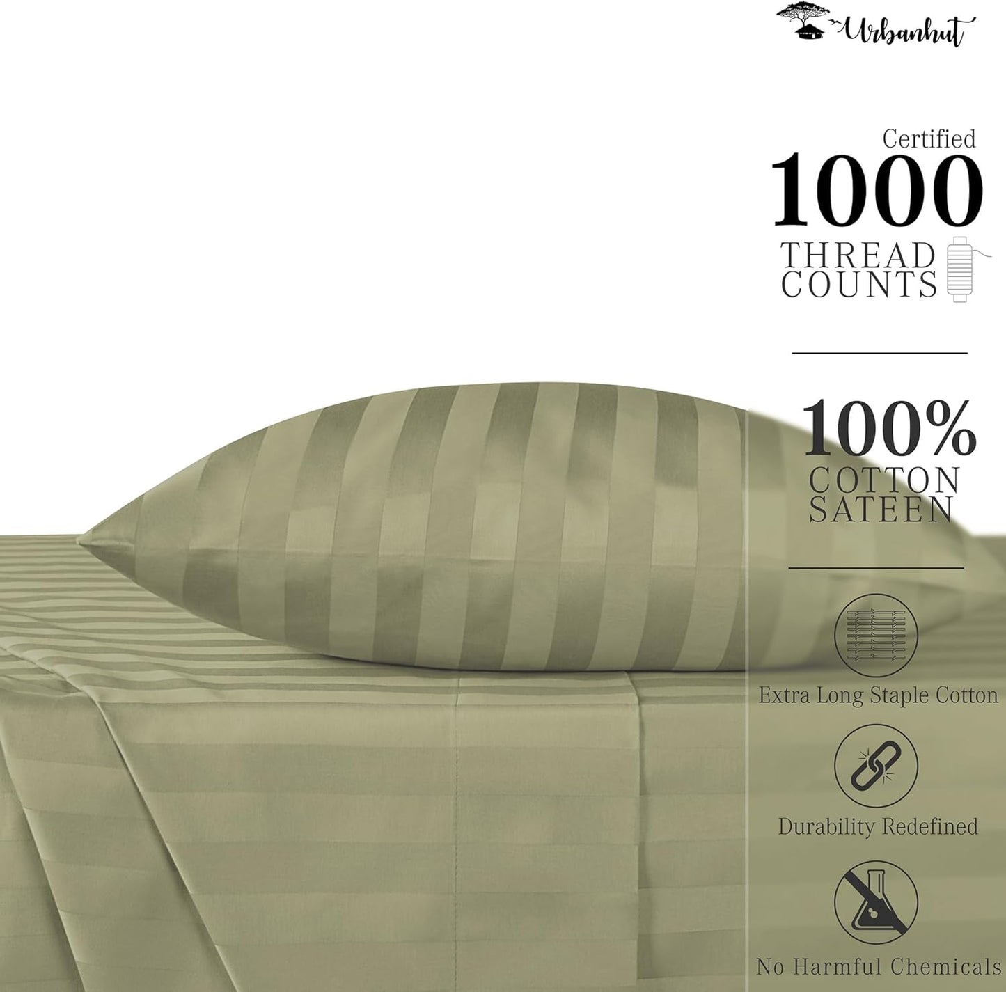 URBANHUT 1000 Thread Count Damask Striped Twin Size Egyptian Cotton Sheets, Long Staple Soft & Breathable, 4 Pc Bed Sheet Sets, Luxury Hotel Sateen Sheets Fits 16" Deep Pocket - Sage