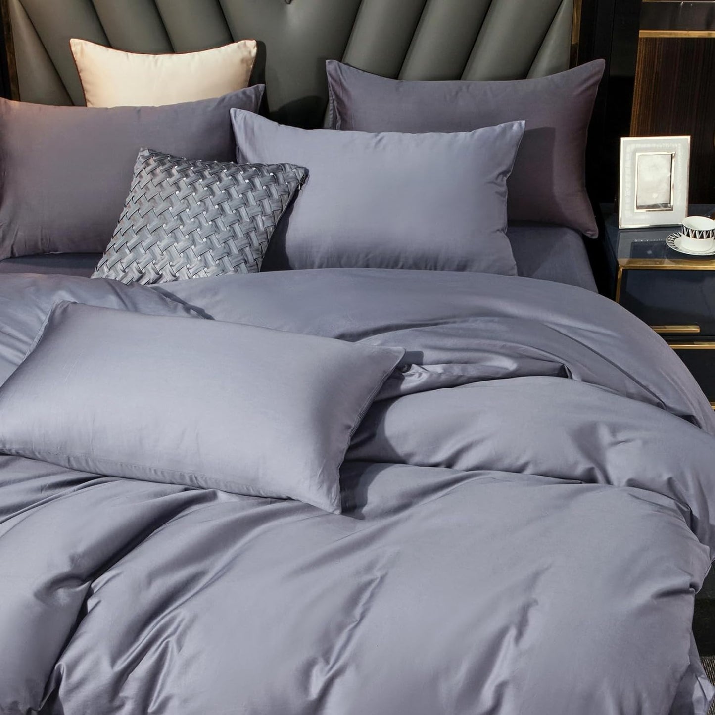 MooMee Duvet Cover Set 100% Extra Long Staple Cotton 600 Thread Count Silky Sateen Smooth Luxury Soft Breathable Durable Hotel Quality Bedding, 3 Pieces (Blueish Grey, King 104"x90")