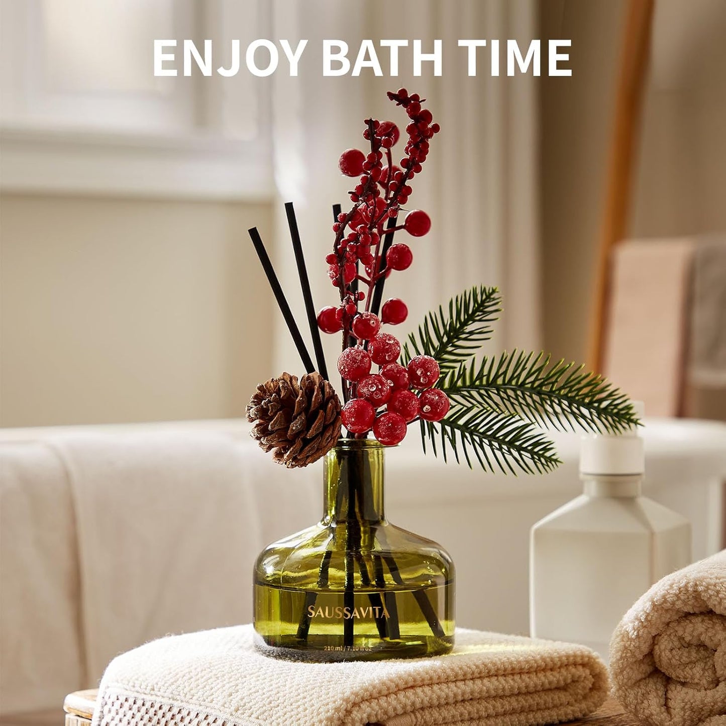 Flower Reed Diffusers Set, 7.10 oz Christmas Cedar Scented Diffuser with 7 Sticks, Long Lasting Home Fragrance for 120 Days, Perfect for Bathroom, Shelf Decor, Air Fresheners
