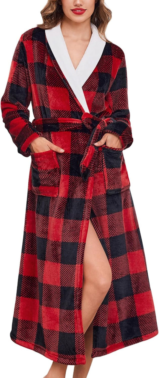 Ekouaer Women's Robe Long Plush Soft Bathrobe Jacquard Color Block Robes Shawl Collar Sleepwear with Pockets S-XXL