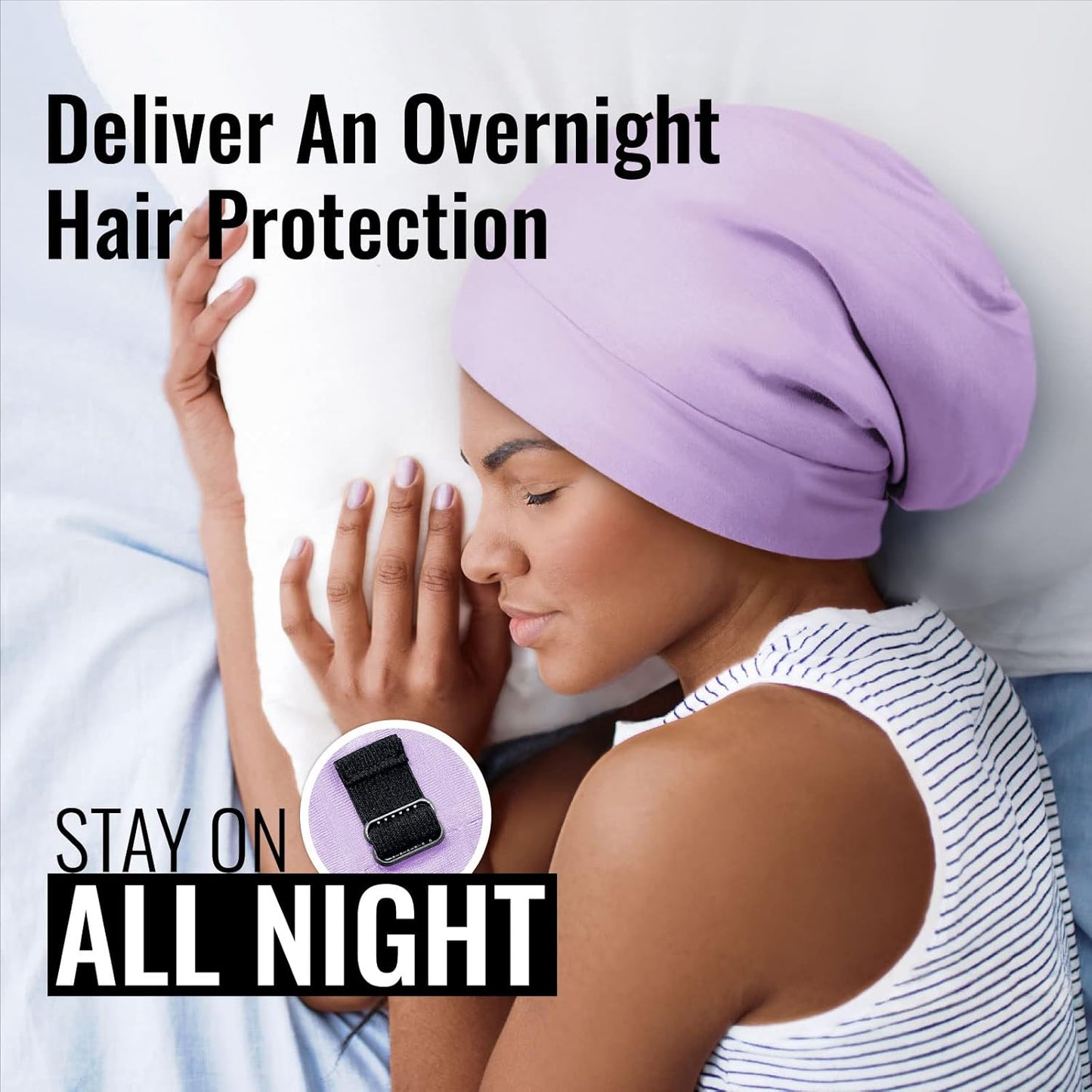 Satin Lined Sleep Cap Bonnet for Curly Hair and Braids, Stay On All Night Hair Wrap with Adjustable Strap for Women and Men, Lavender, Pack of 1