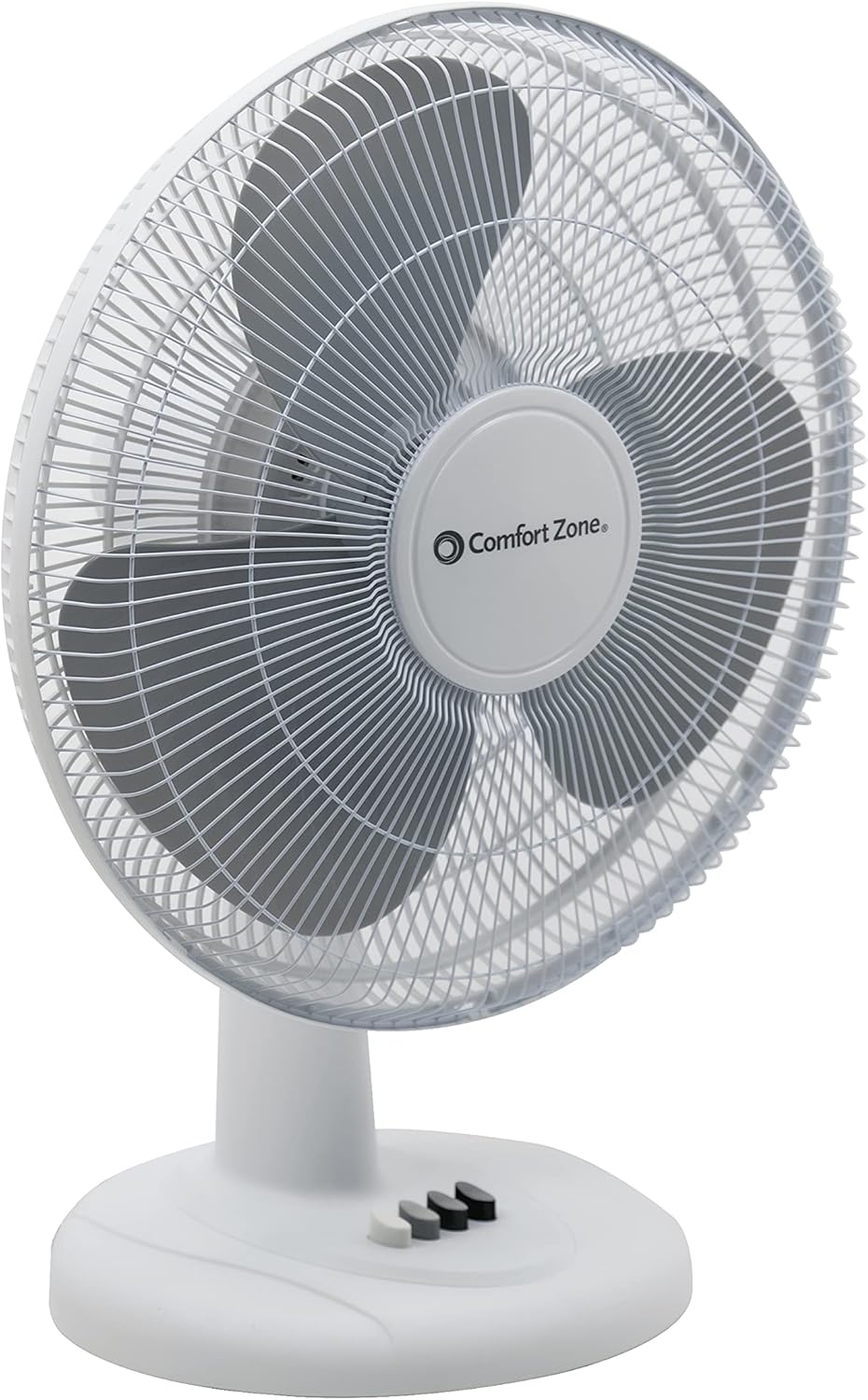 Comfort Zone 12 inch Table Fan with Adjustable Tilt, Wide Area Oscillation, Quiet Air Circulator Fan For Bedroom, 3 Speed Desktop Fan for Home Office, Push Button Controls, White