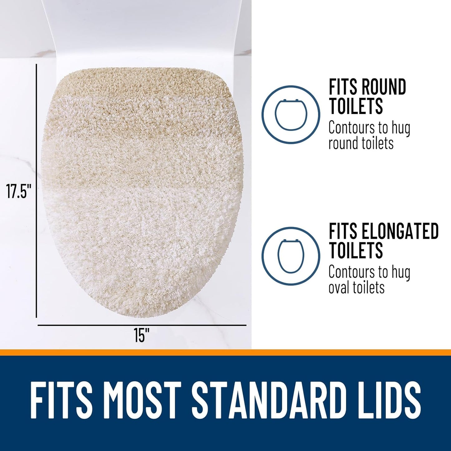OLANLY Soft Microfiber Bathroom Toilet Lid Cover, Machine Washable Covers, 17.5x15, Stays in Place Rubber Backing, Fits Most Round, Elongated and Oblong Lids, Accessories Decor, Light Beige