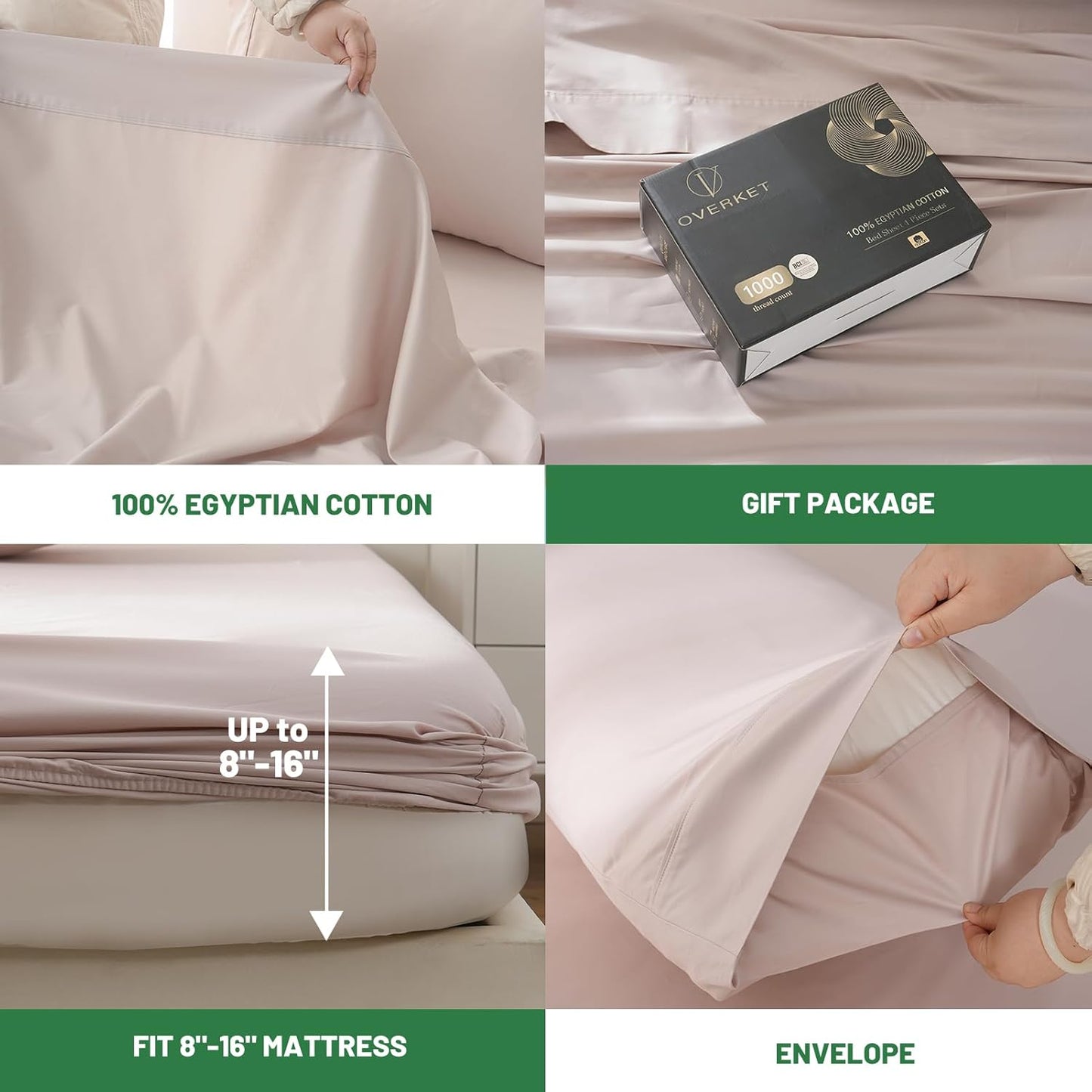1000 Thread Count Egyptian Cotton Sheets Queen Size Set Sateen Weave Soft Breathable 16-Inch Deep Pocket 4PCS（Queen,Dusty Pink）