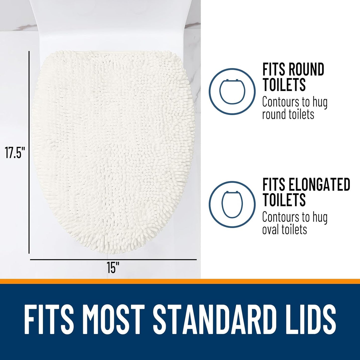 OLANLY Soft Chenille Bathroom Toilet Lid Cover, Machine Washable Seat Covers, 17.5x15, Stays in Place Rubber Backing, Fits Most Round, Elongated and Oblong Lids, Accessories Decor, Ivory