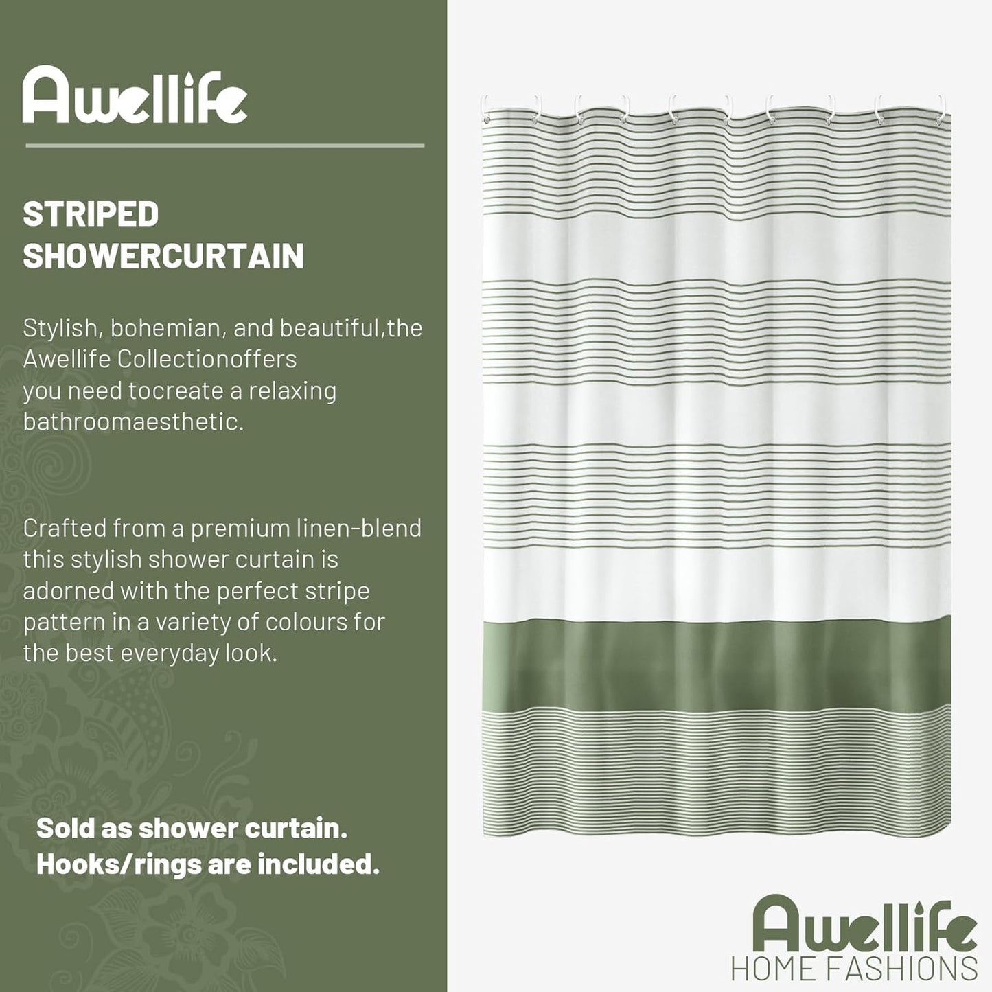 Awellife Sage Green Shower Curtain for Bathroom Boho Stripe Shower Curtain 72 X 72 Inches Farmhouse Cotton