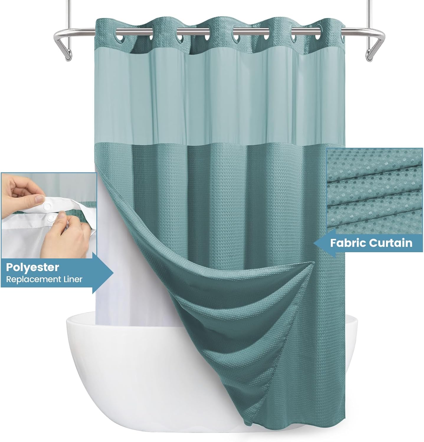Teal No Hook Shower Curtain with Snap in Liner,230GSM Waffle Weave Shower Curtains for Bathroom,71W x 74H