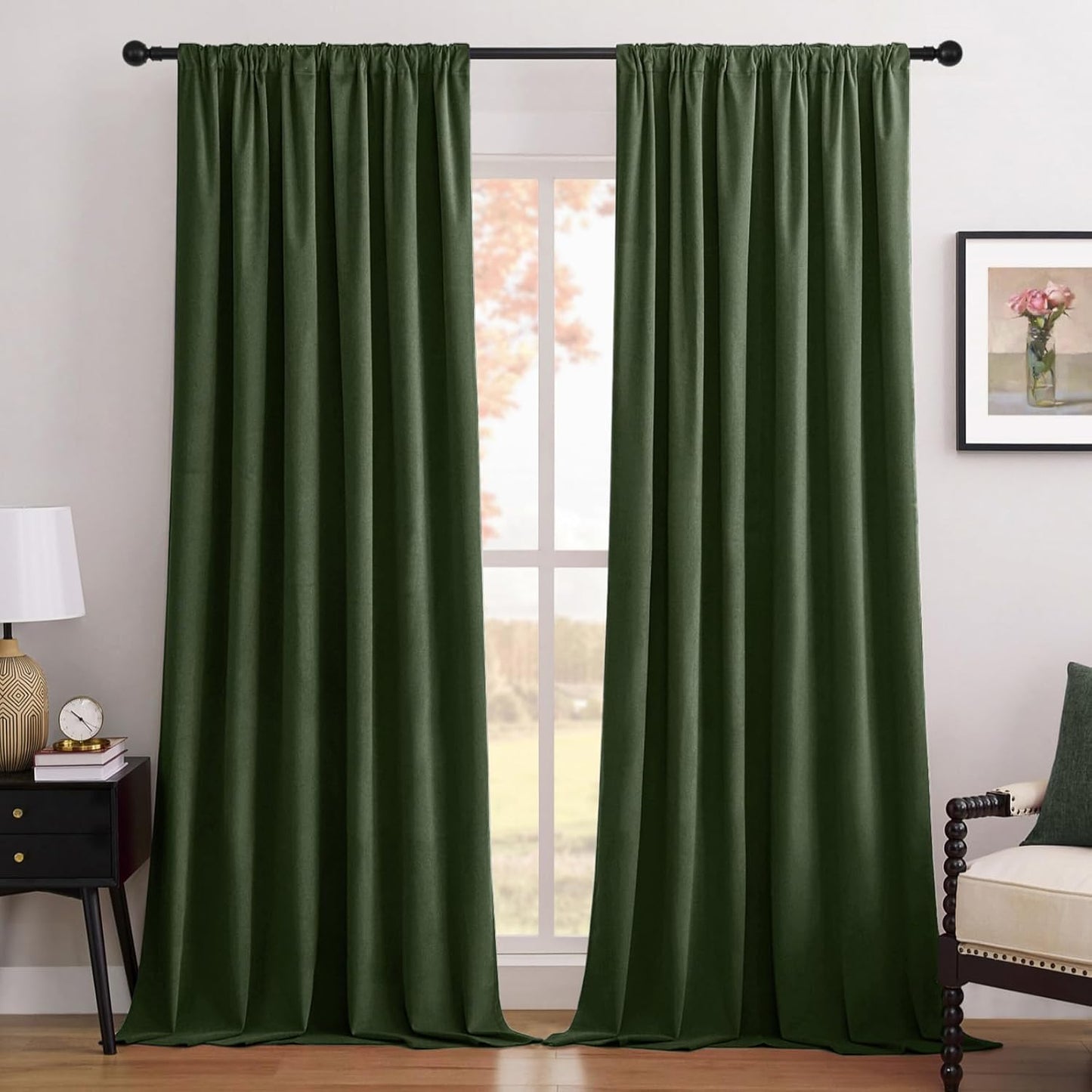 Joydeco Olive Green 100% Blackout Curtains 96 Inch 2 Panels, Luxury Thermal Green Velvet Curtains for Bedroom Living Room, Soundproof Blackout Window Drapes, Rod Pocket & Back Tab (52W x 96L)