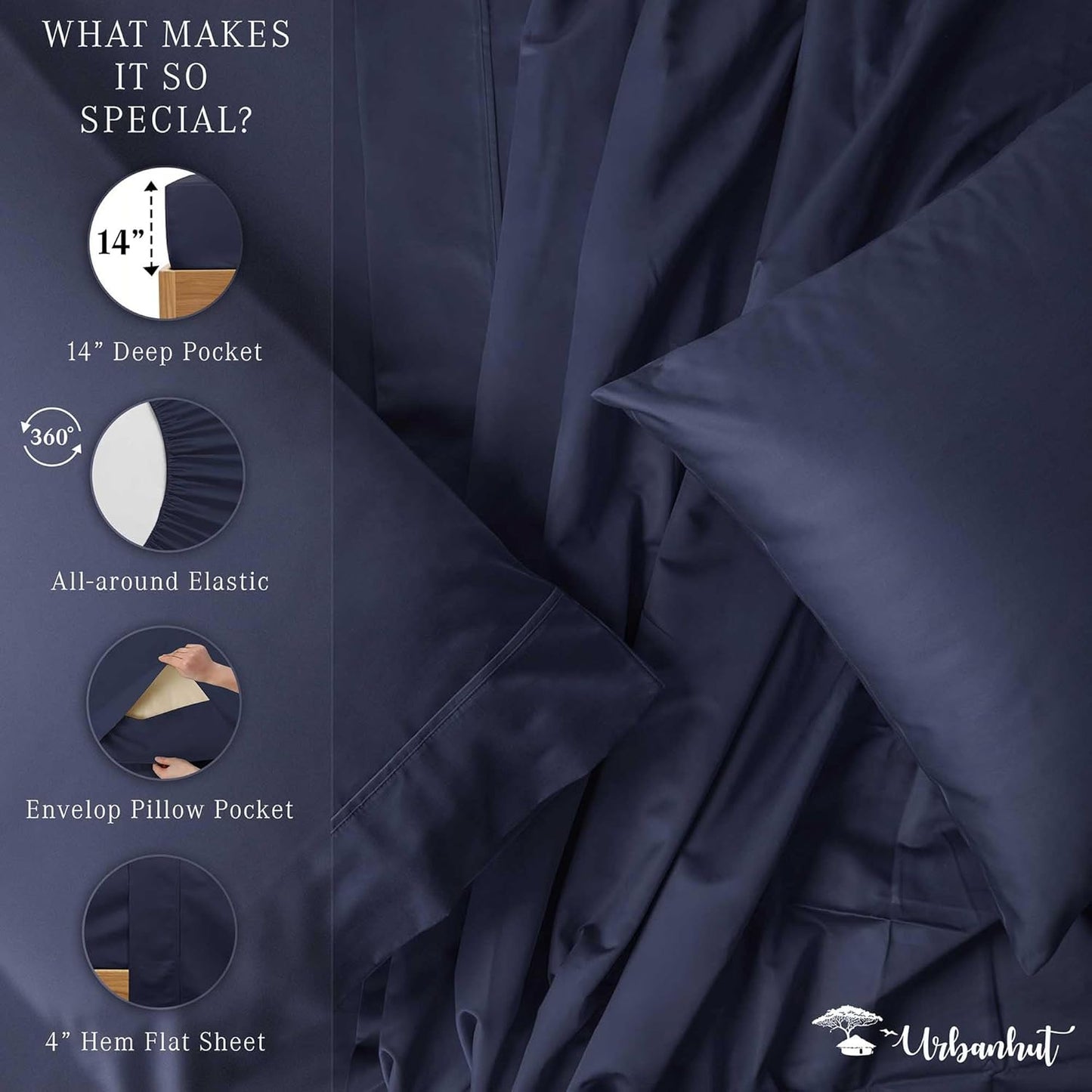 URBANHUT 700 Thread Count Twin Size Egyptian Cotton Sheets, 4Pc Sheet Set Soft Luxury Bed Sheets for Twin Size Bed, Sateen Weave Hotel Sheets, 14'' Elasticized Deep Pocket - Navy Blue