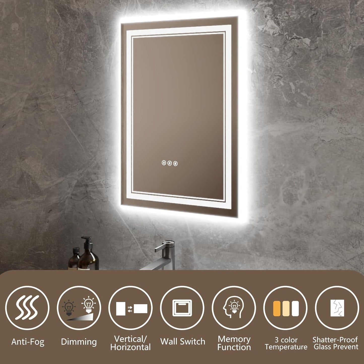 Bathroom Mirror with Lights 20"X28" with Front Light and Backlit, Tempered Glass, Wall Mount Horizontal/Vertical, Stepless Dimmable, 3 Colors, Anti Fog, Bathroom Memory LED Mirror