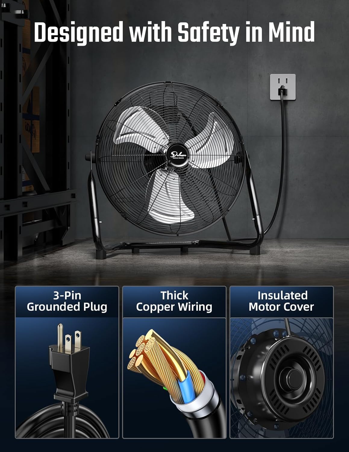 Simple Deluxe 20 Inch 3-Speed High Velocity Heavy Duty Metal Industrial Floor Fan for Warehouse,Workshop, Factory and Basement, Black