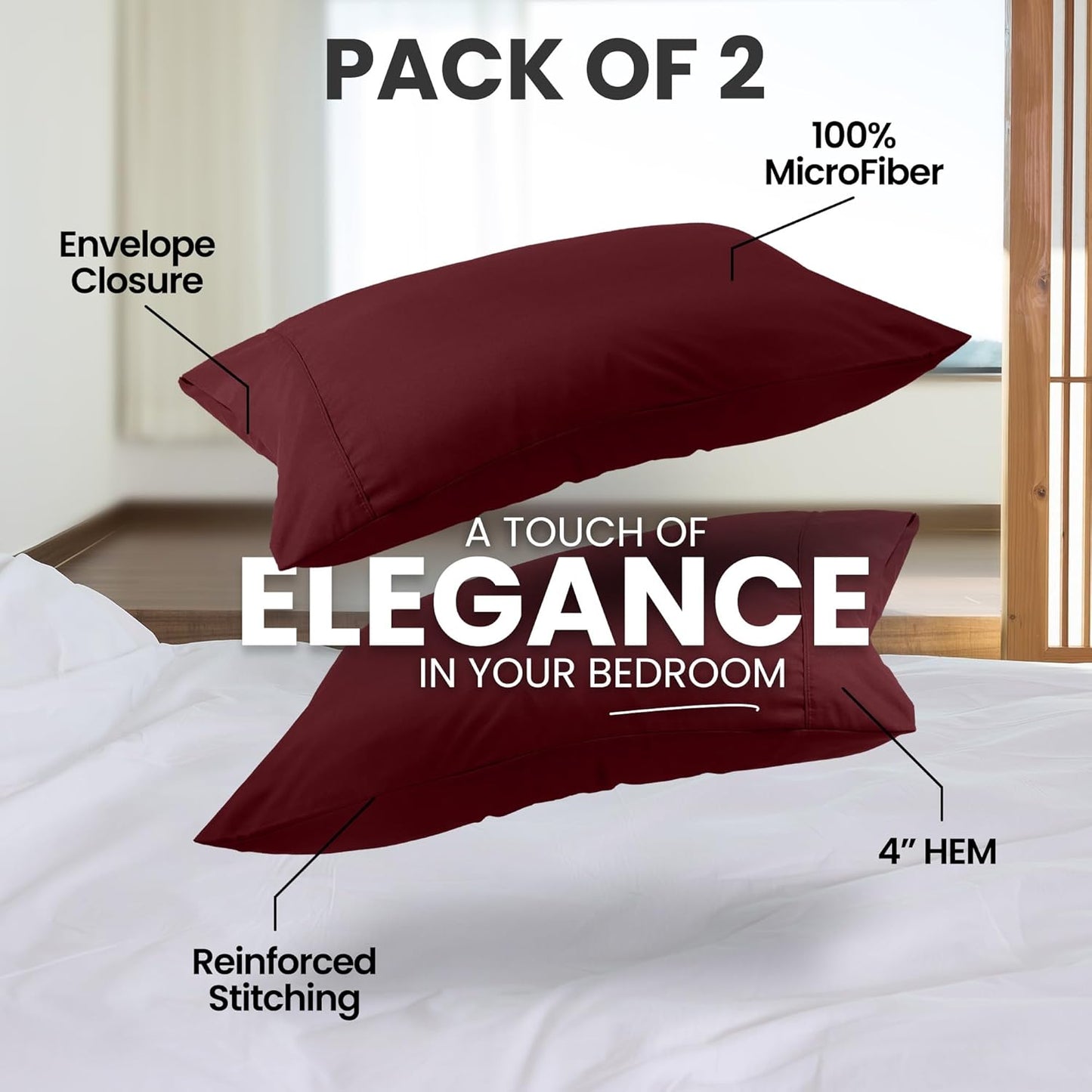 Pillow Covers by Utopia Bedding - Queen Size 2-Pack – Soft Brushed Microfiber – Perfect for Hospitals, Hotels, Guest Rooms – Oeko-TEX Certified, 20x30 Inches (Burgundy)