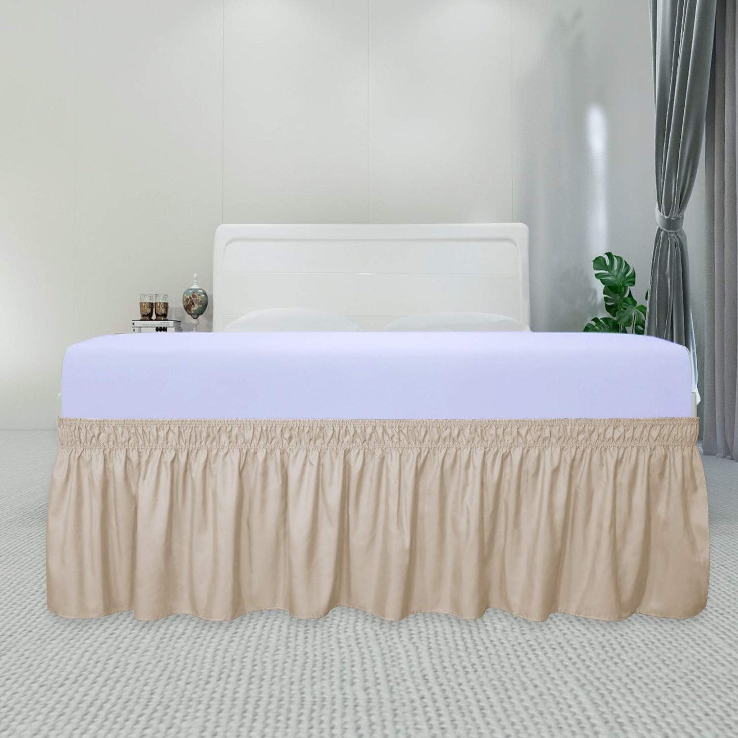 PureFit Wrap Around Ruffled Bed Skirt with Adjustable Elastic Belt - 22 Inch Drop Easy to Put On, Wrinkle Free Bedskirt Dust Ruffles, Bed Frame Cover for Queen, King and C-King Size Beds, Beige
