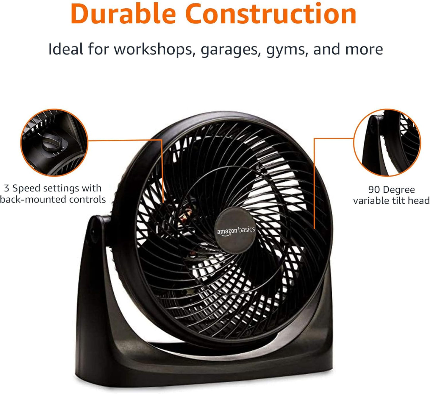 Amazon Basics Air Circulator Fan, Desk Fan for Bedroom, Home and Office, With 90-Degree Tilt Head, 3 Speed Settings, Lightweight (4.2 LBS), 70 Watts, Black, 14.8"Wx7.6"Dx14.1"H