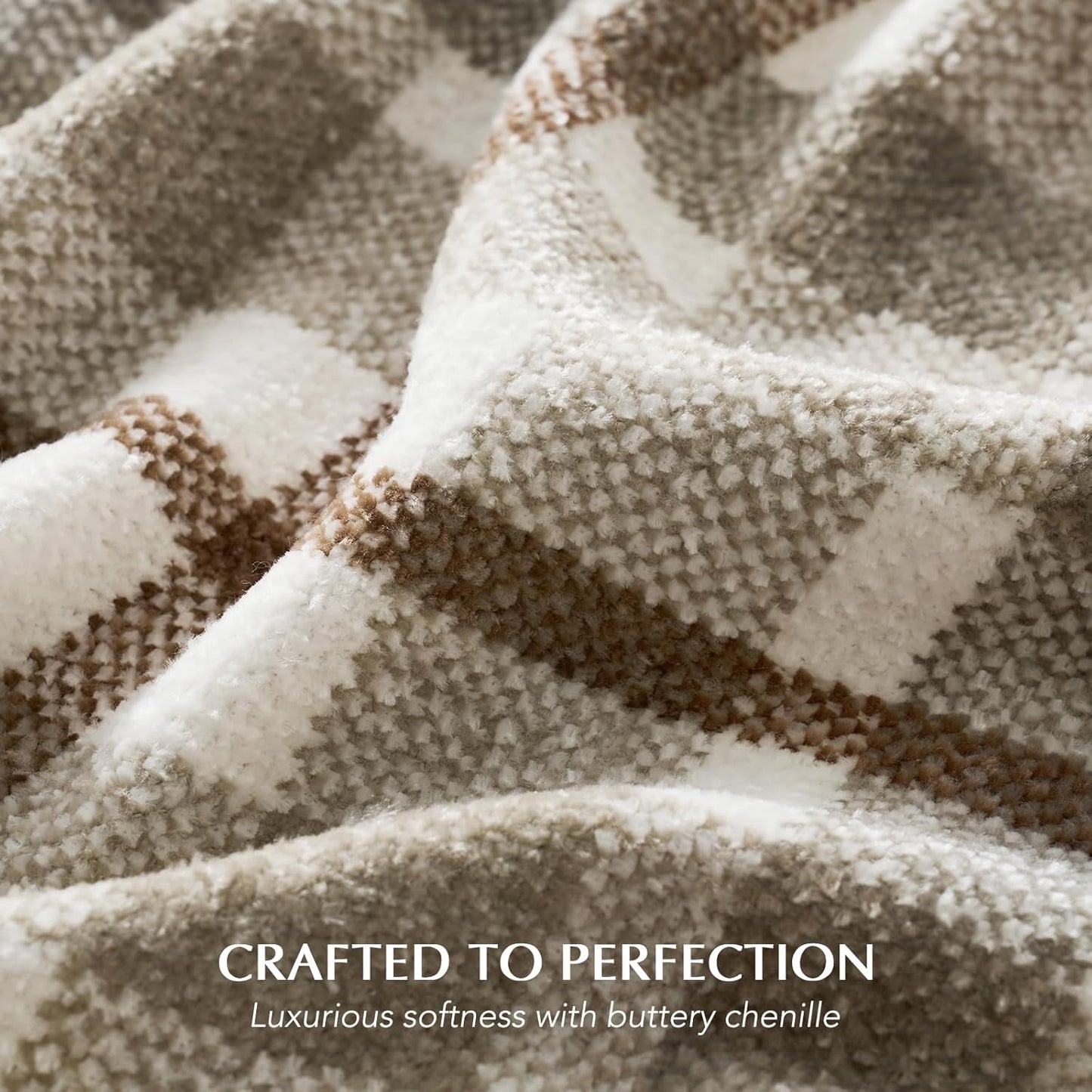 EVERGRACE Plaid Chenille Bed Blanket Queen Size for Bed, Super Soft Cozy Decorative Farmhouse Plaid Throw with Tassels, Lightweight Chenille Knit Throw for Couch Sofa Gift Home Decor, Beige 90"x90"